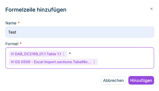 Der Dialog 'Formelzeile hinzufügen' wird angezeigt, mit Feldern für Name und Formel.