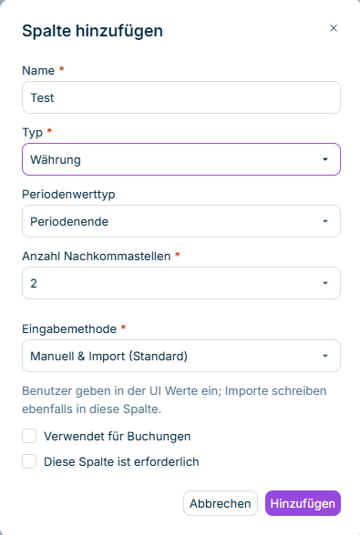 Der Dialog 'Neue Spalte hinzufügen' wird angezeigt.