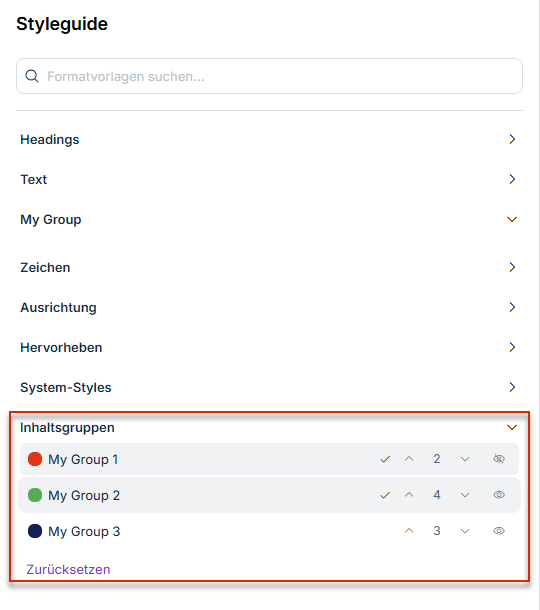 Der Bereich 'Inhaltsgruppen' im Fenster 'Styleguide' in MS Word mit den Symbolen zum Zuweisen, Durchblättern und Markieren der Vorkommen sowie der Schaltfläche 'Zurücksetzen'.