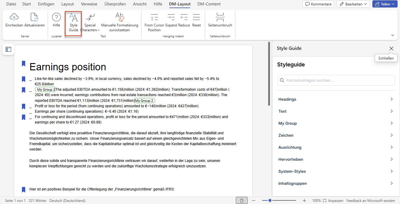 Der Screenshot zeigt die Schaltfläche 'Style Guide' im Word-Ribbon sowie das geöffnete Fenster 'Styleguide' mit den Formatkategorien und dem Bereich 'Inhaltsgruppen'.