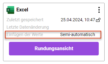 Ausschnitt aus der Detailansicht eines Kapitels. Die Eigenschaften einer Excel-Datei werden angezeigt. Der Anzeige 'Einfügen der Werte' und die Angabe 'semi automatisch' sind rot umrandet