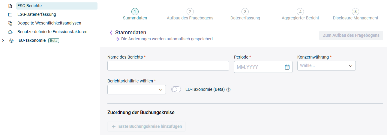Schritt 1 „Stammdaten“ mit den Pflichtfeldern Name des Berichts, Periode, Konzernwährung und Berichtsrichtlinie sowie der Option „EU-Taxonomie (Beta)“ und dem Bereich „Zuordnung der Buchungskreise“