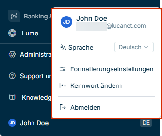 Der Bereich „Benutzerkonto“ am unteren Rand des Hauptmenüs bei geöffnetem Kontomenü mit den Optionen für Benutzername, E-Mail-Adresse, Sprachauswahl, Formatierungseinstellungen, Kennwort ändern und Abmelden