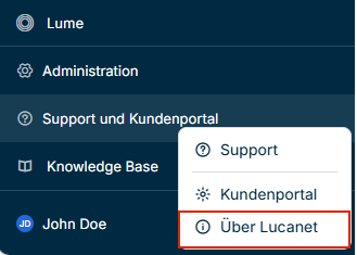 Zeigt das Kontextmenü des Bereichs 'Support und Kundenportal' im Hauptmenü an. Die Option 'Über Lucanet' ist rot umrandet.