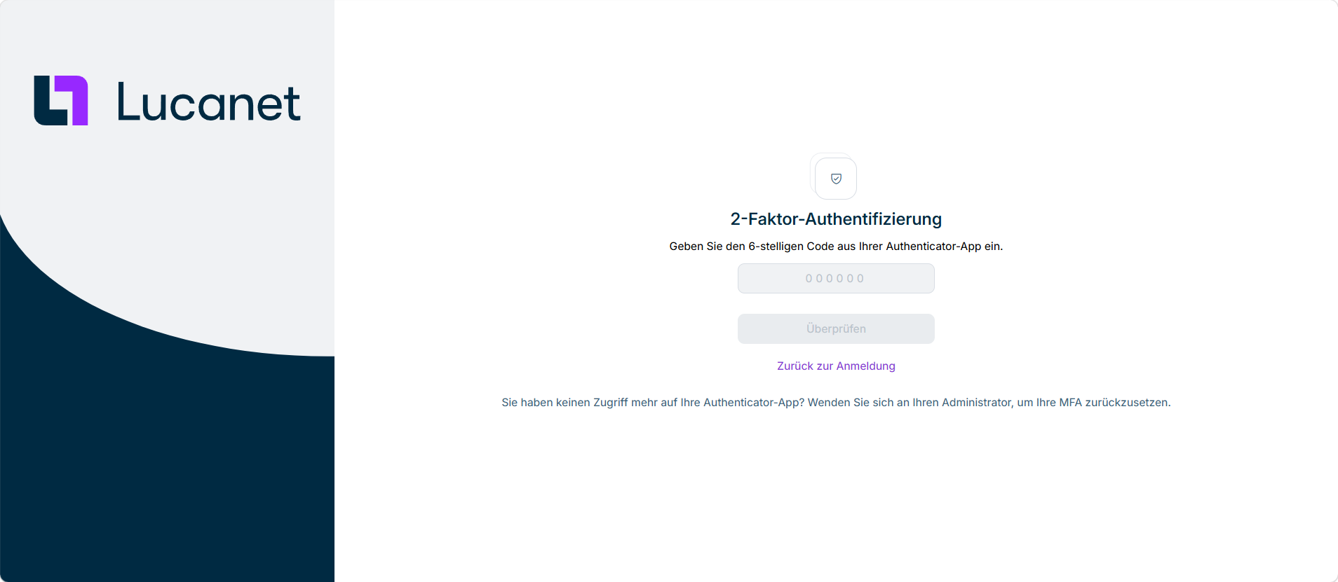 Die Seite '2-Faktor-Authentifizierung' mit dem Feld für den Authentifizierungscode und der Schaltfläche 'Überprüfen'.