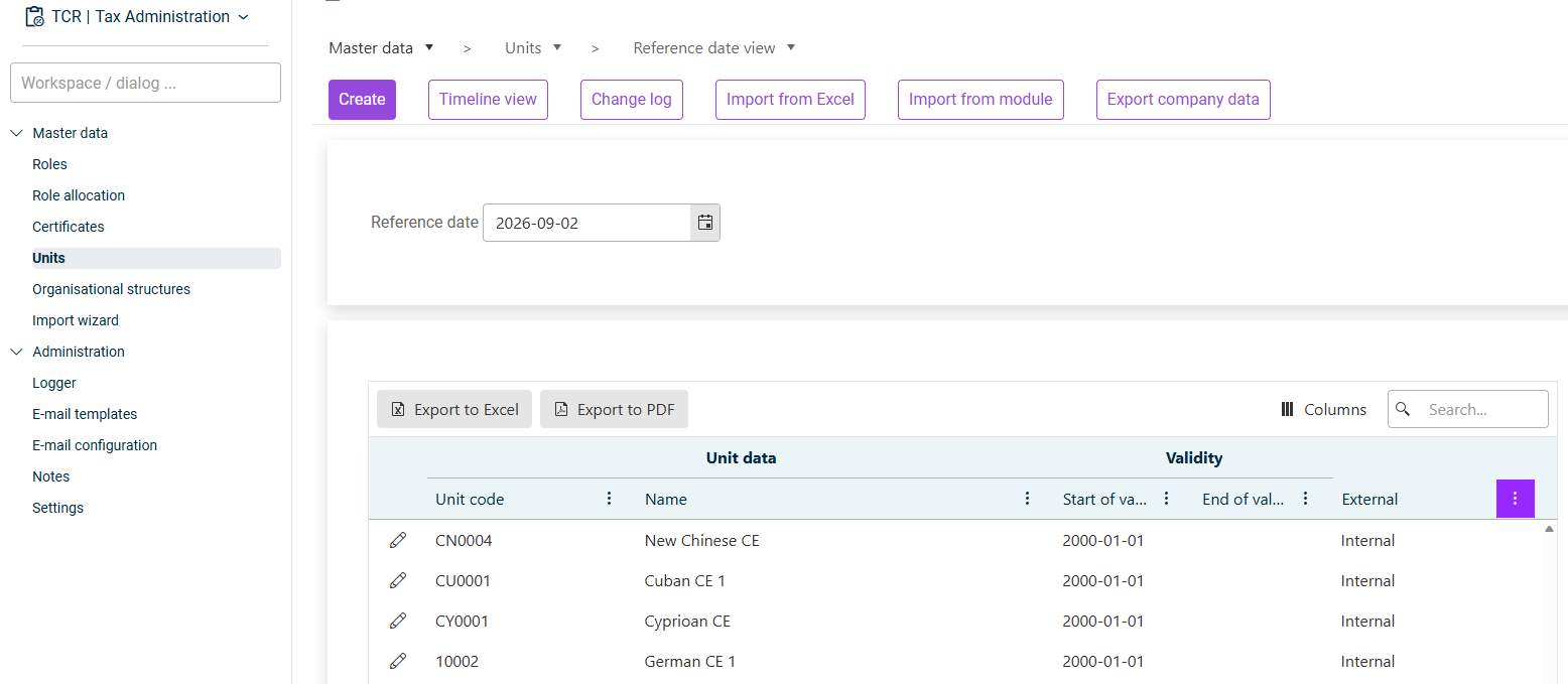 'Units' workspace in Tax Administration