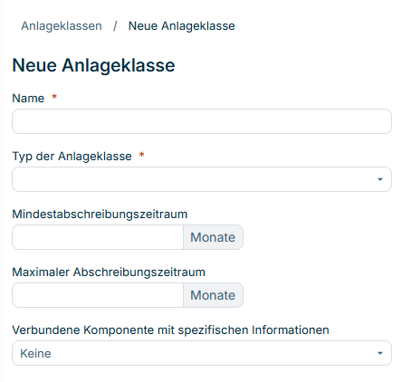 Zeigt die Konfigurationsfelder des Dialogs 'Neue Anlageklasse', einschließlich der Dropdown-Liste Zusätzliche Angaben zum Leasinggegenstand.