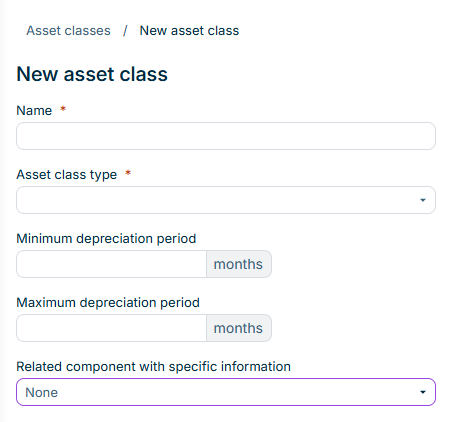 Displays the configuration fields of the 'New asset class' dialog, including the Additional asset details drop-down list.
