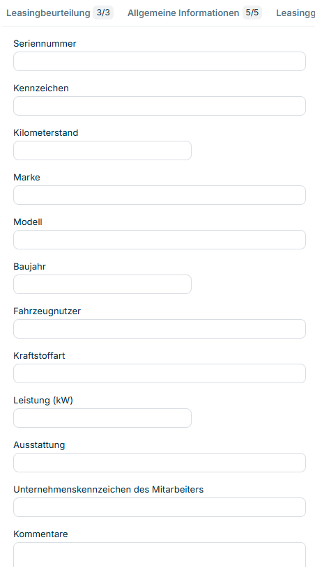 Gezeigt wird der Reiter 'Fuhrpark', der für die Konfiguration einer Leasingkomponente angezeigt wird.