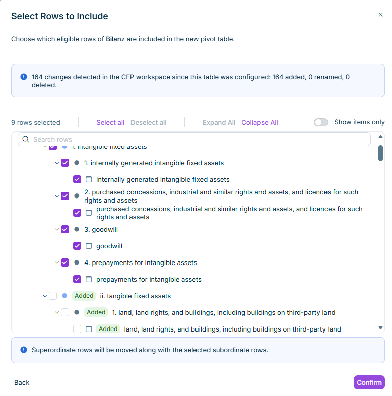 The dialog for selecting rows displays a message summarizing three detected changes and rows labeled as added, deleted, and updated.