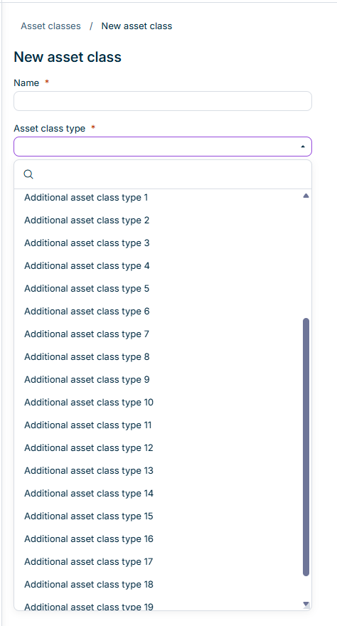Displays the Asset class type drop-down list with the additional asset class types.