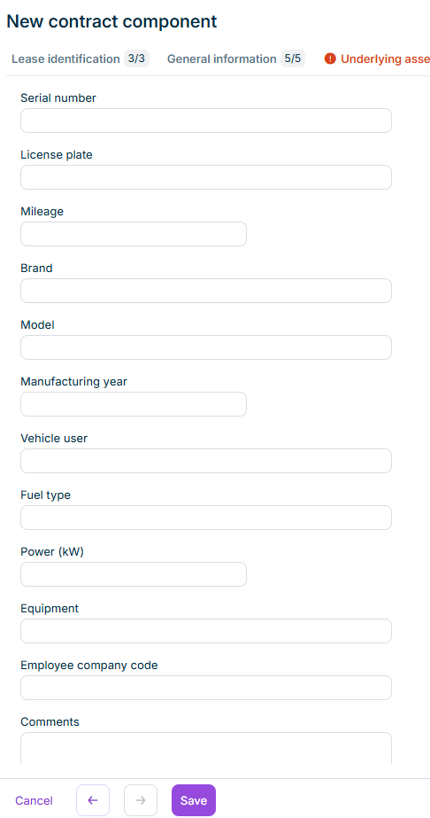 Displays the Car fleet tab in the component form with the vehicle-specific fields.
