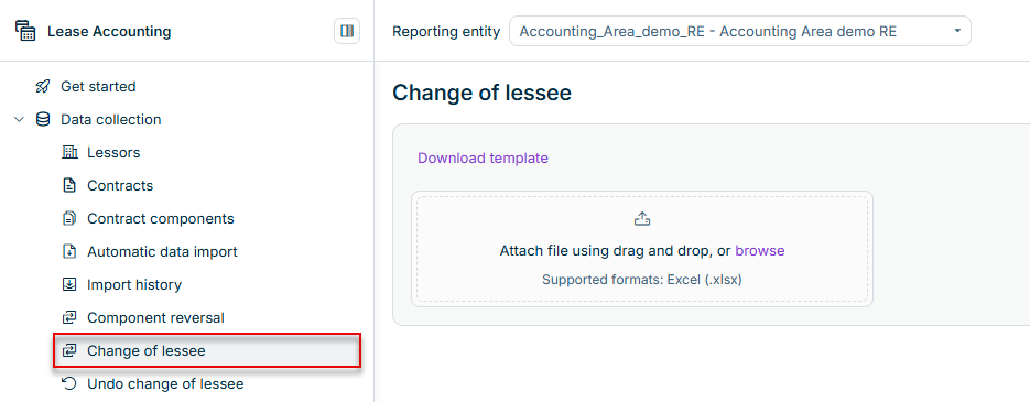 Displays the Change of lessee workspace with the template download and the file upload area.