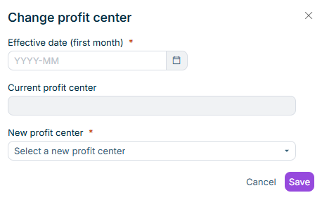 Displays the Change profit center dialog with the current profit center, the new profit center drop-down list, and the effective date.