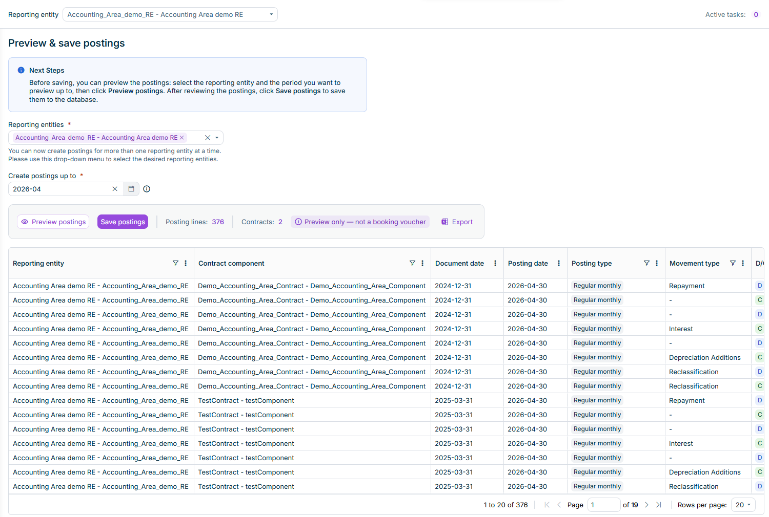 Displays the Preview & save postings workspace with the Reporting entities drop-down list, the Create postings up to field, the Preview postings and Save postings buttons, and the preview table with pending postings.