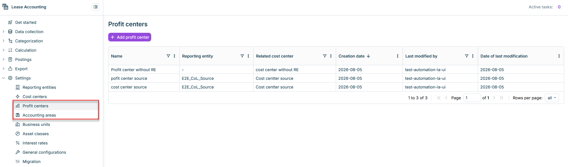 Displays the Profit centers section under Settings with the list of existing profit centers and the Add profit center button.