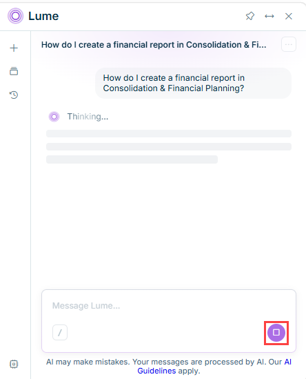 The Lume chat panel while a response is generating, with the Stop button highlighted in the message input field.
