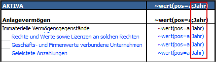 Zeigt einen Excel-Ausschnitt mit Tildeformeln. Markiert ist der Teil der Formel it dem Platzhalter Jahr.