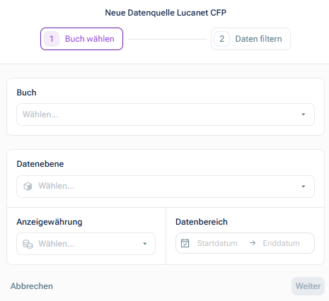 Zeigt den Dialog „New CFP datasource“ im Schritt „Select ledger“, mit den Feldern Ledger, Data level, Display currency und Data range (Start month bis End month) (Benutzeroberfläche auf Englisch).