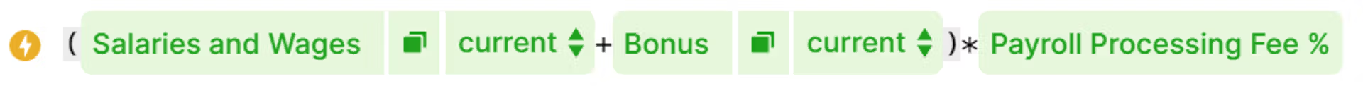 Zeigt eine Formel in Lucanet xP&A: ('Salaries and Wages' (current) + 'Bonus' (current)) * 'Payroll Processing Fee %'.