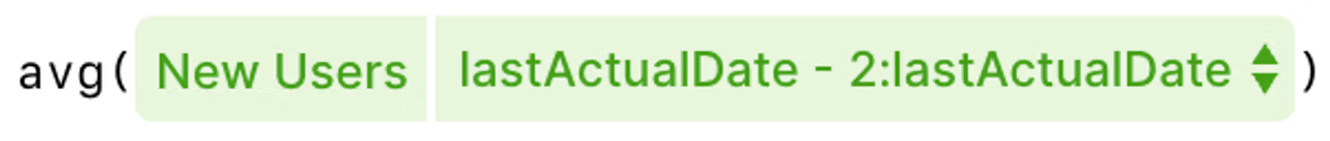 Zeigt eine Formel in Lucanet xP&A: avg('New Users' (lastActualDate - 2:lastActualDate)).
