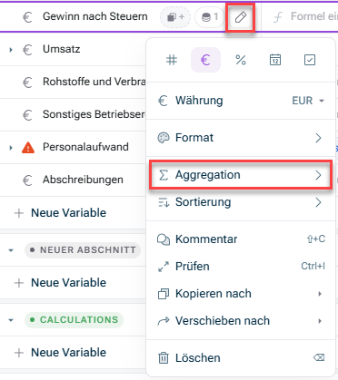 Zeigt das Kontextmenü der Variable „Gewinn nach Steuern“ in xP&A, mit dem rot hervorgehobenen Bearbeiten-Symbol und der rot hervorgehobenen Menüoption „Aggregation“ unterhalb von „Format“.