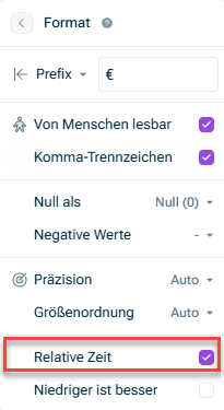 Zeigt das Bedienfeld „Format“ einer Variable in xP&A, mit dem rot hervorgehobenen und aktivierten Kontrollkästchen „Relative Zeit“.
