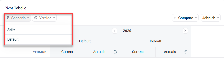Zeigt eine Pivot-Tabelle in xP&A mit den hinzugefügten Filtern 'Scenario' und 'Version', hervorgehoben in Rot, sowie der daraus resultierenden Dropdown-Liste der Szenario-Optionen.
