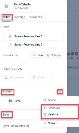 Zeigt den Reiter 'Setup' der Tabelleneinstellungen in xP&A. Hervorgehoben in Rot sind die Abschnitte 'Spalten' und 'Zeilen', das +-Symbol sowie die Optionen 'Scenarios' und 'Versions' in der resultierenden Dropdown-Liste.