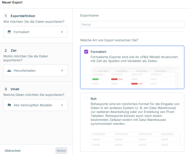 Zeigt den Schritt 'Exportdefinition' des Dialogs 'Neuer Export' in xP&A, mit dem Feld 'Exportname' und der ausgewählten Exportart 'Formatiert' (neben der Option 'Roh').