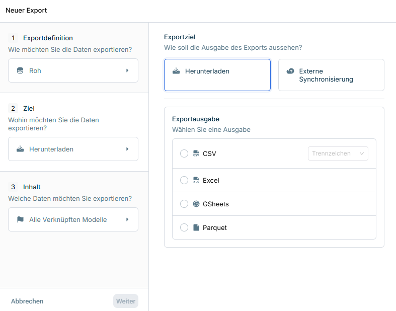 Zeigt den Schritt 'Ziel' des Dialogs 'Neuer Export' in xP&A, mit 'Herunterladen' als ausgewähltem Exportziel und den Ausgabeformat-Optionen 'CSV', 'MS Excel', 'GSheets' und 'Parquet'.